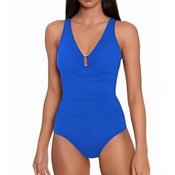 NWT Lauren Ralph Lauren Ring Over the Shoulder Blue One Piece Swimsuit Size 16 - Picture 1 of 9